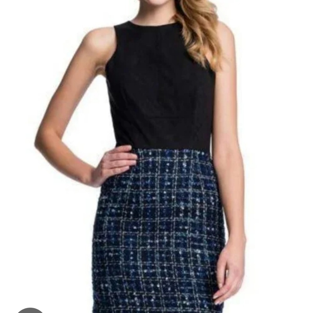 CeCe by Cynthia Steffe Black Sleeveless Tweed Plaid Sheath Dress Size 0